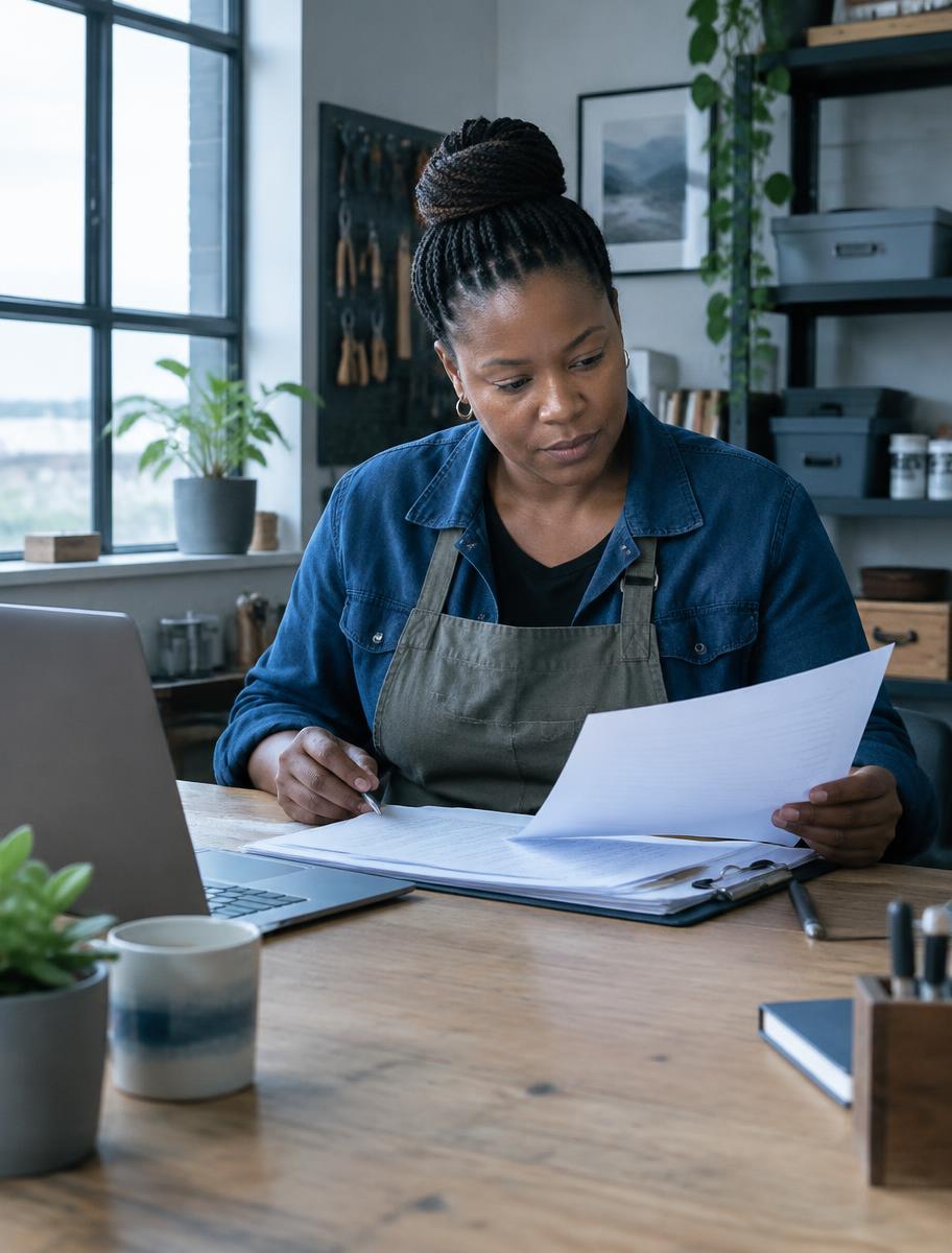 A business owner reviewing paperwork at her workshop desk