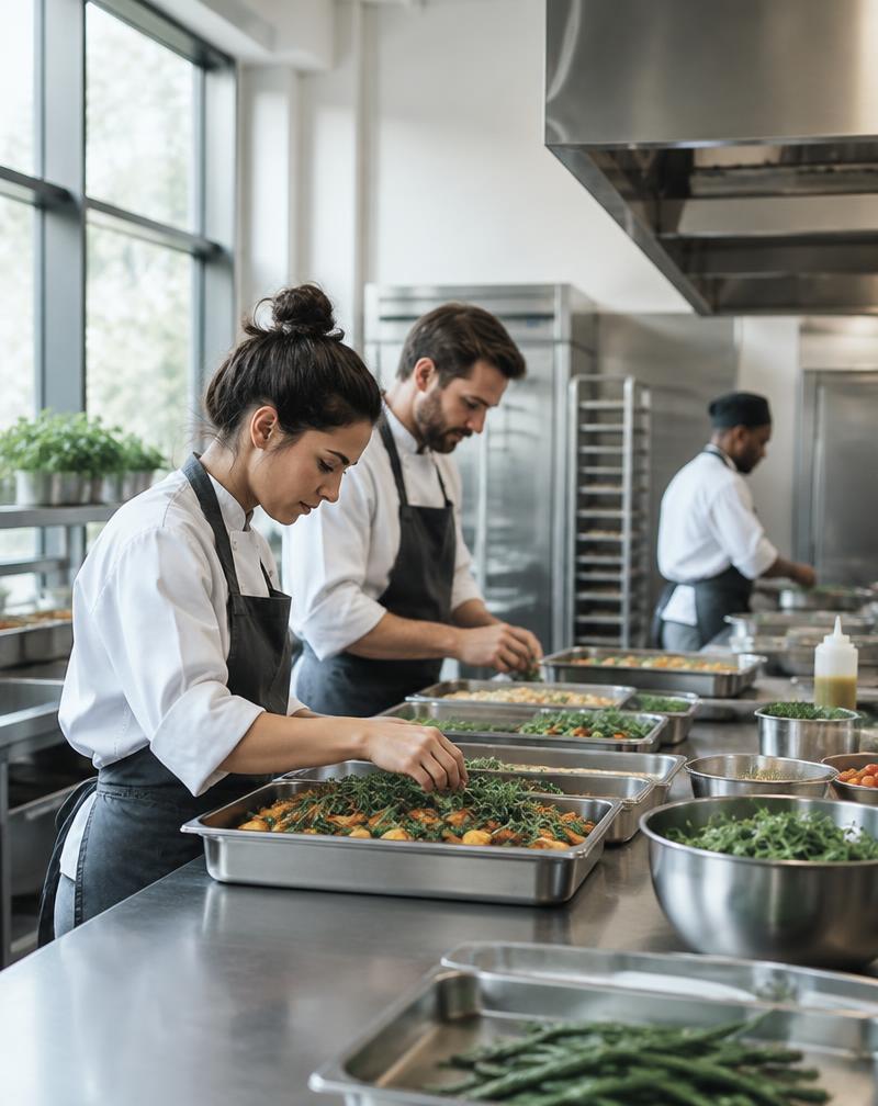 Chefs preparing food trays in a commercial kitchen