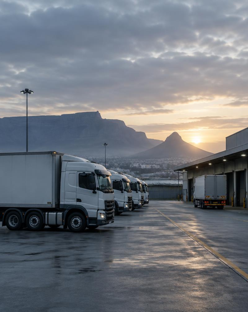 Delivery trucks parked at a logistics depot at dawn
